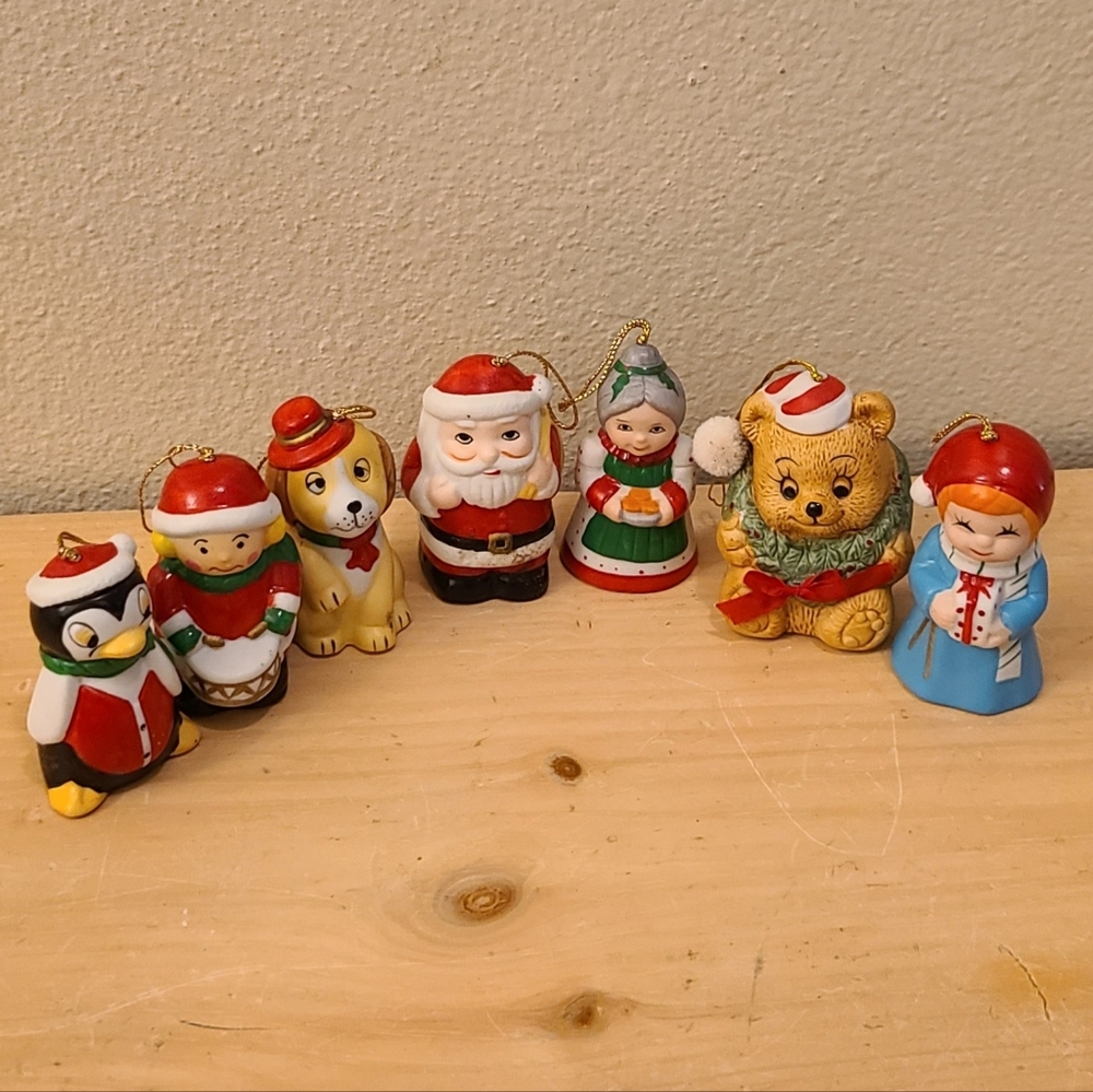 7 Vintage Porcelain Christmas Bell Ornaments